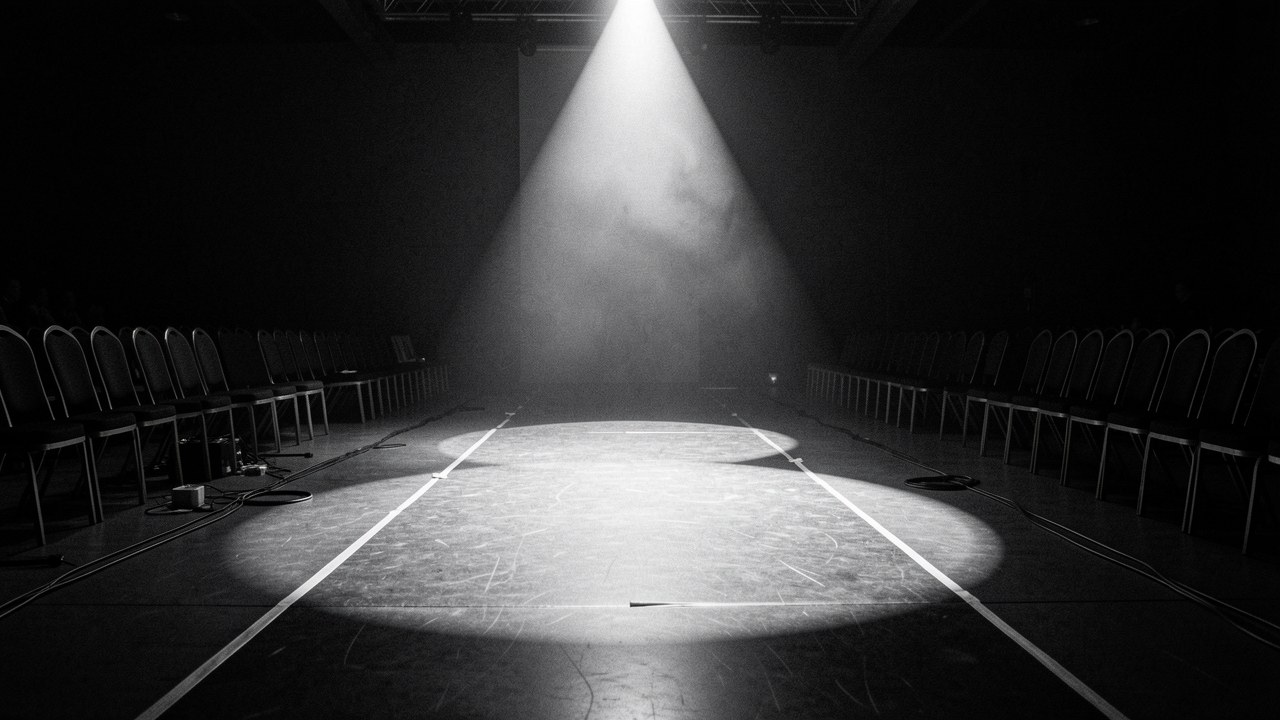 Empty runway under a single spotlight before the final