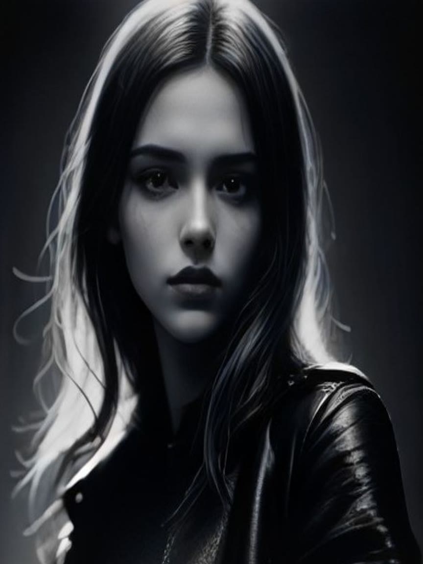 Black-and-white portrait of a Meridia model looking into the camera