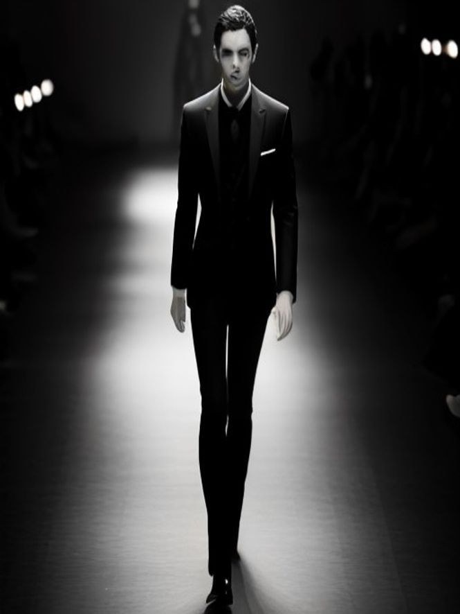 Runway photograph of Jonas K. mid-stride