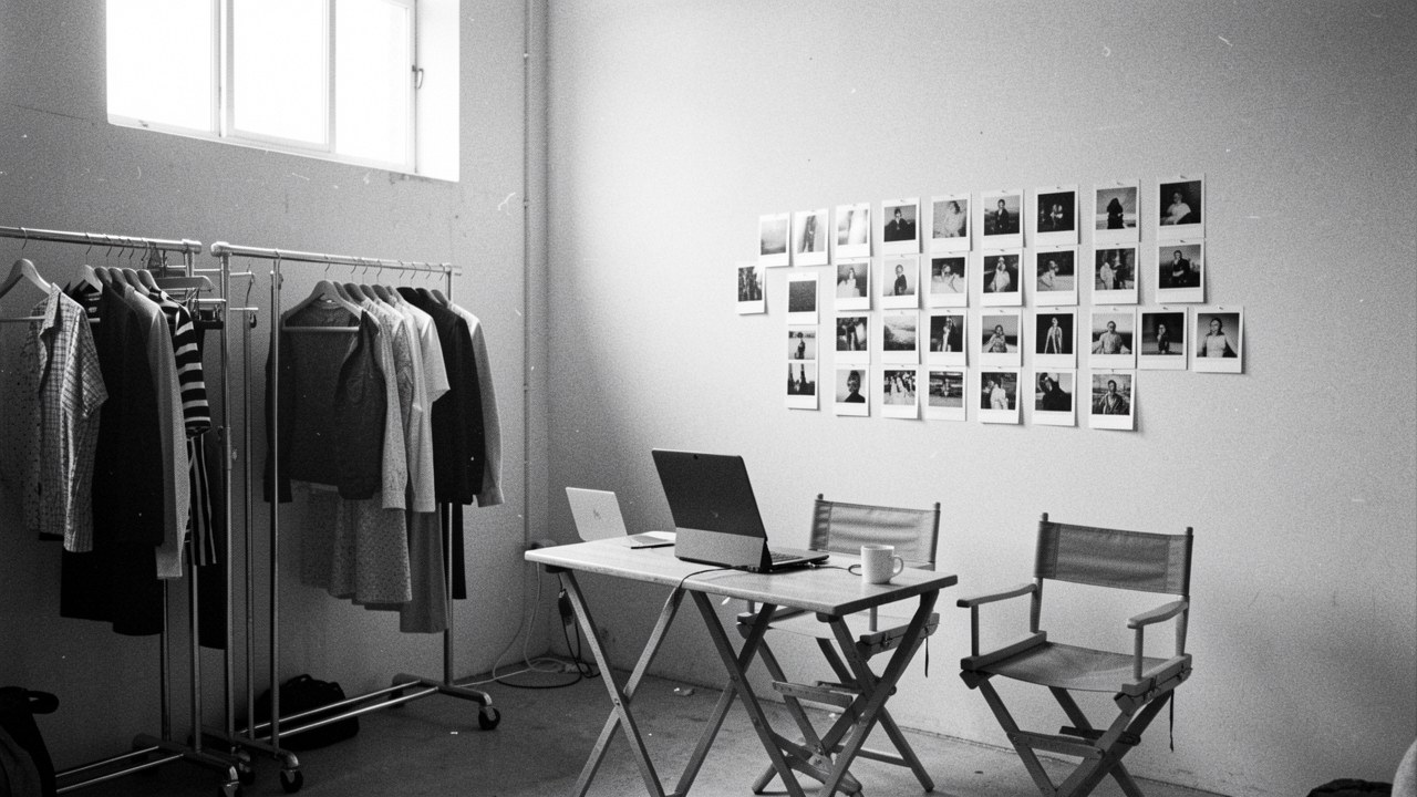 Backstage of a casting day: clothing racks, pinned polaroids and director chairs